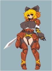  alternate_costume blonde_hair bow breasts commentary_request covered_nipples female full_body kurodani_yamame large_breasts looking_at_viewer lowres namako_daibakuhatsu pixel_art short_hair simple_background smile solo standing sword touhou weapon 