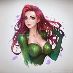  aqua_eyes aquaman_(series) artist_name breasts cleavage collarbone commentary dc_comics earrings eyebrows female grey_background jewelry large_breasts lips long_hair looking_at_viewer mera_(dc) neoartcore parted_lips photoshop_(medium) red_hair solo upper_body 