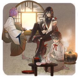  3boys absurdly_long_hair aqua_eyes bad_id bad_pixiv_id black_hair braid cup hakama hakama_skirt horikawa_kunihiro izumi-no-kami_kanesada japanese_clothes kasen_kanesada long_hair male_focus multiple_boys open_mouth purple_hair ribbon seiza side_braid side_handle_teapot sitting skirt smile stove table teacup teapot tobacco_(tabakokobata) touken_ranbu very_long_hair window 