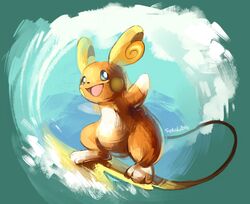  2016 alolan_form alolan_raichu ambiguous_gender anthro avoid_posting black_nose blue_eyes generation_7_pokemon hi_res mammal nintendo open_mouth pokemon pokemon_(species) regional_form_(pokemon) rodent signature simple_background siplick solo surfer surfing water 