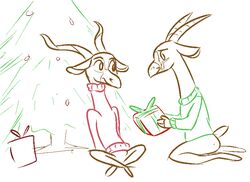  2016 antelope anthro bottomless bovid bovine bucky_oryx-antlerson canon_couple christmas christmas_tree clothed clothing disney duo english_text gemsbok gift grazing_antelope holidays kneeling kudu male mammal oryx plant pronk_oryx-antlerson simple_background sitting spiral-horned_antelope sweater text tggeko topwear tree white_background zootopia 