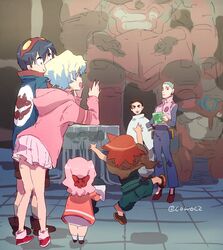  aged_down bad_id bad_pixiv_id bow cloak darry_adai gimmy_adai goggles goggles_on_head gurren hairbow hood hoodie jumping lagann leeron_littner lolicon mecha nia_teppelin poncho robot rossiu_adai short_hair simon_(ttgl) skirt tengen_toppa_gurren_lagann tetsu_(teppei) 