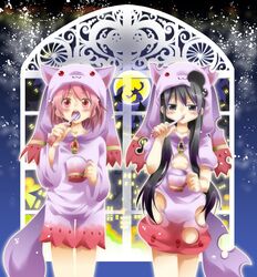  2girls akemi_homura black_hair brushing_teeth commentary_request cosplay full_moon highres kaname_madoka kyubey_(cosplay) kyuubee long_hair mahou_shoujo_madoka_magica mahou_shoujo_madoka_magica_(anime) mekeko moon multiple_girls pink_eyes pink_hair short_hair soul_gem 