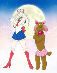  1boy ;) bishoujo_senshi_sailor_moon bishoujo_senshi_sailor_moon_s blue_eyes boots bow brooch canine commentary_request cone_hair_bun cosplay crossdressing double_bun elbow_gloves full_moon gloves grey_hair hair_bun heart heart_brooch high_heel_boots high_heels highres jewelry makkachin male_focus moon natsuno_(natsunosho) one_eye_closed pleated_skirt sailor_chibi_moon sailor_chibi_moon_(cosplay) sailor_collar sailor_moon sailor_moon_(cosplay) sailor_senshi_uniform skirt smile tsuki_ni_kawatte_oshioki_yo twintails viktor_nikiforov yuri!!!_on_ice 