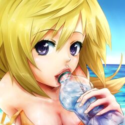  blonde_hair bottle charlotte_dunois close-up commentary_request female hands infinite_stratos lips same_2009 sexually_suggestive solo water_bottle 