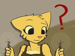  anthro confusion felid female fur katia_managan khajiit lockpick mammal microsoft painted_underwear prequel_adventure question_mark sharkcatsg simple_background solo the_elder_scrolls yellow_body yellow_eyes yellow_fur 