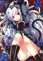  absurdres animal_ears arms_behind_head blue_rose boots brooch cat_ears cat_tail copyright_request female flower hair_ribbon highres jewelry long_hair lying no_pants on_back panties pantyshot pantyshot_(lying) petals purple_eyes ribbon rose solo tail underwear zinno 