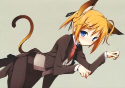  ahoge animal_ears blue_eyes blush butler cat_ears cat_tail coat female female girl illustration konoe_subaru looking_at_viewer mayo_chiki! necktie official_art orange_hair pants paw_pose ribbon shirt simple_background solo tail tie uniform vest white_shirt 