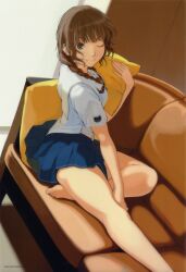  &gt;:) ;) absurdres bare_legs barefoot braid brown_hair closed_mouth couch dutch_angle female hair_over_shoulder hand_on_thigh highres hugging_object kibina_high_school_uniform kimi_kiss light_smile long_hair looking_at_viewer mizusawa_mao official_art one_eye_closed pillow pillow_hug plaid plaid_skirt ringed_eyes scan school_uniform serafuku sitting skirt smile solo takayama_kisai twin_braids v-shaped_eyebrows 