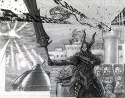  6+boys armor black_knight_(dark_souls) boky_(2558350) commentary_request dark_souls_(series) dark_souls_i dragon heart heart-shaped_eyes helmet highres horns huge_weapon knight monochrome multiple_boys photoshop_(medium) solaire_of_astora sword traditional_media weapon 