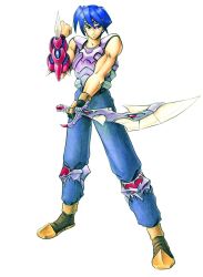  1boy 3d armor belt blazer blue_hair brown_eyes concept_art eyebrows gauntlet gauntlets knife legaia_densetsu male male_focus meeta meta meta_(legaia_densetsu) muscle muscles natsumi_arisawa official_art pants plain_background ra_seru seru shirt shoes short_hair simple_background solo sword teenage teenager vahn weapon white_background wristband young 