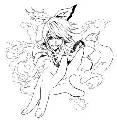  bad_id bad_pixiv_id bow dissolving female fire foreshortening fujiwara_no_mokou grin hairbow hands highres iro_marimo line_art long_hair monochrome outstretched_hand photoshop_(medium) smile solo touhou 