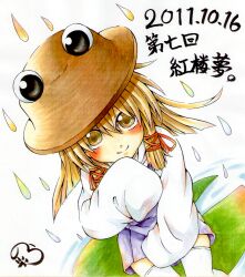  bad_id bad_pixiv_id blonde_hair colored_pencil_(medium) dated dutch_angle female hat looking_at_viewer moriya_suwako nora_wanko rain shikishi sitting sleeves_past_wrists smile solo thighhighs touhou traditional_media translated white_thighhighs yellow_eyes zettai_ryouiki 