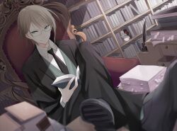  1boy book bookshelf chair commentary_request crossed_legs danganronpa:_trigger_happy_havoc danganronpa_(series) desk formal glasses green_eyes kiya_machi legs_up male_focus monokuma necktie short_hair sitting smile solo togami_byakuya 