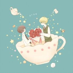  2boys axis_powers_hetalia blonde_hair bouquet brown_hair closed_eyes cookie flower food green_background happy japan_(hetalia) kurumi_(artist) multiple_boys number open_mouth red_flower short_hair simple_background smile star sugar_cube teapot teatea_pot united_kingdom_(hetalia) 