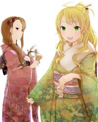  2girls ahoge alternate_hairstyle arrow_(projectile) bad_id bad_pixiv_id blonde_hair blush bow breath brown_hair earrings ema floral_print floral_print_sash fur green_eyes hair_ornament hairband hairbow hamaya highres holding hoshii_miki idolmaster idolmaster_(classic) japanese_clothes jewelry kimono long_hair looking_at_viewer minase_iori minatsuki_randoseru multiple_girls obi omikuji open_mouth ponytail purple_eyes sash seigaiha simple_background smile stole studs stuffed_animal stuffed_rabbit stuffed_toy usa-chan_(idolmaster) white_background 