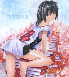  barefoot basketball basketball_uniform black_hair book book_stack bottomless brown_eyes clothes_writing female kanbaru_suruga mayo_riyo monogatari_(series) nisemonogatari sample_watermark short_hair solo sportswear too_many too_many_books watermark 