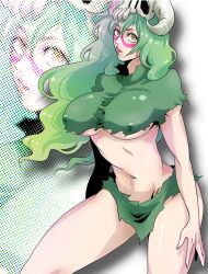  arrancar bleach breasts erect_nipples facial_mark female female green_hair mask midriff nelliel_tu_odelschwanck solo ssyk603 underboob yellow_eyes 