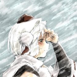  animal_ears brown_eyes commentary_request detached_sleeves elbow_gloves female gloves hat inubashiri_momiji portrait profile shading_eyes short_hair solo tokin_hat touhou weather white_hair white_legwear wind wolf_ears yudepii 