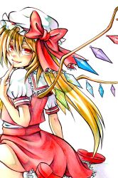  blonde_hair commentary_request female flandre_scarlet hat long_hair looking_at_viewer looking_back nora_wanko red_eyes simple_background sitting smile solo touhou wariza wings 