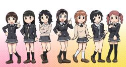  1960s_(style) 6+girls amagami ayatsuji_tsukasa black_eyes black_hair black_socks black_thighhighs blue_eyes brown_hair commentary_request fujiko_f_fujio_(style) hairband kibito_high_school_uniform long_hair messy_hair morishima_haruka multiple_girls nakata_sae nanasaki_ai parody retro_artstyle sakurai_rihoko school_uniform short_hair socks standing style_parody tachibana_miya tanamachi_kaoru thighhighs twintails ueyama_michirou white_legwear zettai_ryouiki 