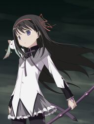  :3 akemi_homura argyle argyle_legwear banned_artist black_hair black_legwear dark_sky hair_ribbon kyuubee long_hair magical_girl mahou_shoujo_madoka_magica moritan pantyhose purple_eyes ribbon skirt sky weapon wind 