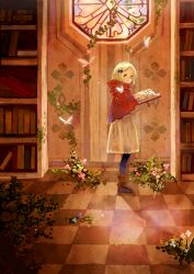  black_pantyhose blonde_hair book bookshelf boots bow bug butterfly capelet commentary_request dress female flower green_eyes hairbow long_sleeves looking_at_viewer original overgrown pantyhose solo stained_glass tobi_(kotetsu) 