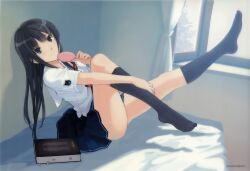  black_eyes black_hair black_socks blush book female futami_eriko highres hugging_own_legs kibina_high_school_uniform kimi_kiss kneehighs legs long_hair mirror school_uniform serafuku sitting skirt smile socks solo takayama_kisai 