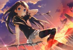  absurdres adjusting_hair against_railing argyle_clothes argyle_legwear bad_link black_hair blue_eyes blush cloud female hair_ornament hairclip hand_in_own_hair hand_up highres kantoku legs long_hair looking_at_viewer miyaguchi_hiromi original outdoors photoshop_(medium) power_lines puffy_short_sleeves puffy_sleeves railing short_sleeves sitting skirt sky smokestack solo sunset thighhighs 