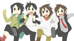  4boys arawi_keiichi_(style) black_hair brown_hair byako_(srktn) commentary_request fingerless_gloves gakuran gloves hidari_shoutarou highres hino_eiji hyadain_no_joujou_yuujou kamen_rider kamen_rider_fourze_(series) kamen_rider_ooo_(series) kamen_rider_w kisaragi_gentarou male_focus multiple_boys necktie nichijou parody philip_(kamen_rider) school_uniform shoes short_hair style_parody 