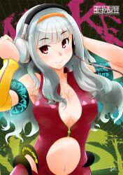  arms_up bare_shoulders blush breasts center_opening cleavage commentary_request detached_sleeves female grey_hair hairband hands_on_headphones headphones idolmaster idolmaster_(classic) large_breasts long_hair navel photoshop_(medium) red_eyes shijou_takane smile solo taka_shida 