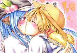  2girls animal_ears blonde_hair blue_hair blush commentary_request dog_ears food fruit hat heart hinanawi_tenshi kemonomimi_mode kissing lowres moriya_suwako multiple_girls nora_wanko peach touhou yuri 