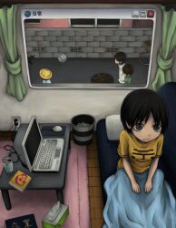  ball black_hair blanket brick_wall cable can computer computer_mouse feline grey_eyes laptop lolicon room shirt short_hair sitting stare staring surreal t-shirt table trash_can trashcan wall window yajirushi_(chanoma) 