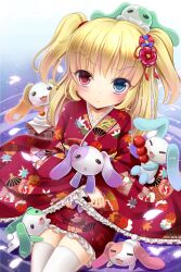  :3 :x alternate_costume blonde_hair blue_eyes blush boku_wa_tomodachi_ga_sukunai commentary_request dress female floral_print hair_ornament hair_ribbon hasegawa_kobato heterochromia highres japanese_clothes kimono long_hair milkshakework photoshop_(medium) red_dress red_eyes red_kimono ribbon sitting solo stuffed_animal stuffed_rabbit stuffed_toy thighhighs two_side_up white_thighhighs zettai_ryouiki 