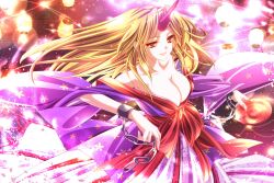  alcohol alternate_costume bare_shoulders blonde_hair breasts chains cleavage collarbone commentary_request cuffs cup female floral_print highres horns hoshiguma_yuugi hoshiguma_yuugi_(kimono) japanese_clothes kimono lantern large_breasts lips long_hair monety off_shoulder paper_lantern parted_lips photoshop_(medium) red_eyes sakazuki sake shackles single_horn solo touhou very_long_hair 