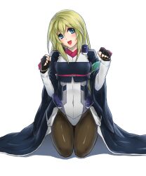  blonde_hair blue_eyes bodysuit commentary_request female heidi_ogezevara highres kyoukaisenjou_no_horizon long_hair open_mouth pantyhose sitting smile solo tori-suki 