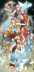  5girls blue_(pokemon) dawn_(pokemon) dragonair gyarados haruka_(pokemon) highres hyarados kotone_(pokemon) leaf_(pokemon) multiple_girls poke_ball pokemon pokemon_(game) pokemon_black_and_white pokemon_bw pokemon_diamond_and_pearl pokemon_dppt pokemon_firered_and_leafgreen pokemon_heartgold_and_soulsilver pokemon_hgss pokemon_rgby pokemon_rse pokemon_ruby_and_sapphire touko_(pokemon) 