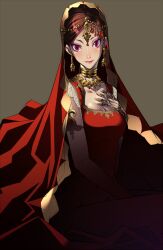  breasts brown_hair cleavage commentary_request dress facial_mark female forehead_mark indian lasa_(lasa1116) long_hair medium_breasts original purple_eyes solo tattoo veil 