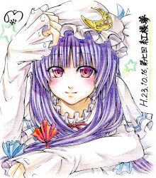  bad_id bad_pixiv_id blush brooch colored_pencil_(medium) crescent female jewelry light_smile long_hair looking_at_viewer multicolored_eyes nora_wanko patchouli_knowledge purple_eyes purple_hair shikishi sleeves_past_wrists smile solo touhou traditional_media translation_request 