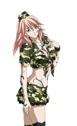  black_thighhighs breasts camouflage camouflage_headwear camouflage_skirt cleavage collarbone eyebrows female front-tie_top hat highres ikkitousen looking_at_viewer medium_breasts military military_uniform shibai_chuutatsu simple_background skirt solo tattoo thighhighs uniform white_background 