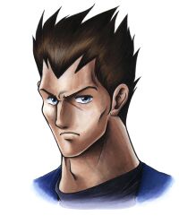  1boy 3d blue_eyes brown_hair concept_art gala legaia_densetsu male male_focus official_art plain_background portrait simple_background solo spiked_hair spiky_hair white_background 