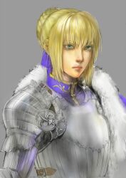  adapted_costume alternate_costume armor artoria_pendragon_(fate) bad_id bad_pixiv_id blonde_hair buckle cape closed_mouth cuirass fate/stay_night fate_(series) female fleur-de-lis fur-trimmed_cape fur_trim green_eyes grey_background hair_ribbon lips looking_ahead nose over_shoulder pauldrons purple_ribbon realistic rerebrace ribbon rondel saber_(fate) serious short_hair shoulder_armor simple_background solo upper_body yumechigai 