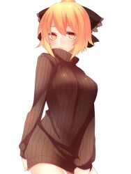  bad_id bad_nicoseiga_id blonde_hair bottomless bow breasts clothes_tug dress female hairbow kurodani_yamame medium_breasts naked_sweater ribbed_sweater short_hair simple_background solo sweater sweater_dress sweater_tug touhou white_background yellow_eyes yutazou 