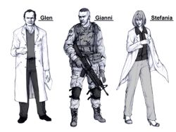  2boys concept_art female glenn_ogawa lowres monochrome multiple_boys namco project_breakdown scientist 