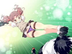  1boy a_certain_high_school_uniform ass_visible_through_thighs bag brown_eyes brown_hair brown_sweater_vest clenched_teeth commentary_request female flying_kick kamijou_touma kicking lace lace_panties legs midair no_emblem open_mouth panties petenshi_(dr._vermilion) photoshop_(medium) school_bag school_uniform shirai_kuroko short_hair skirt summer_uniform sweater_vest teeth thigh_gap thigh_strap toaru_kagaku_no_railgun toaru_majutsu_no_index tokiwadai_school_uniform twintails underwear upskirt 