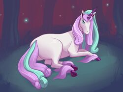  2019 blue_eyes blue_hair clearing equid equine female feral flower forest galarian_form galarian_rapidash generation_8_pokemon grass green_hair hair hi_res hooves horn kurozu looking_at_viewer lying mammal multicolored_hair mythological_creature mythological_equine mythology nintendo pink_hair plant pokemon pokemon_(species) quadruped regional_form_(pokemon) solo tree underhoof unicorn white_body 