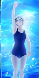  200f_(nifu) absurdres air_bubble arm_up armpits ass_visible_through_thighs backlighting blue_one-piece_swimsuit blush breasts brown_eyes bubble chromatic_aberration closed_mouth collarbone commentary_request covered_navel female from_below goggles goggles_on_eyes highres lane_line looking_at_viewer new_school_swimsuit one-piece_swimsuit original pool school_swimsuit short_hair small_breasts solo submerged sunlight swim_cap swimming swimsuit underwater water 