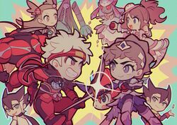  2boys 3girls :d armor beast_ball brown_hair buzzwole celesteela cherish_ball chinese_commentary closed_mouth coin commentary_request diancie dress eye_contact eyelashes grimsley_(pokemon) grin hat headband holding holding_poke_ball holding_sword holding_weapon huan_li jacket keldeo long_hair long_sleeves looking_at_another mega_diancie mega_pokemon multiple_boys multiple_girls official_alternate_costume open_mouth poke_ball pokemon pokemon_(creature) pokemon_bw pokemon_masters_ex pokemon_sm red_headband scarf short_hair sidelocks smile sword teeth tongue two_side_up weapon 