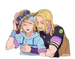  2boys beanie beard blonde_hair blue_eyes blue_lips borrowed_clothes cape closed_eyes commentary facial_hair gold_teeth green_lips grin gyro_zeppeli hand_on_another&#039;s_head hand_on_headwear hat honlo hood hoodie hug johnny_joestar jojo_no_kimyou_na_bouken lipstick long_hair looking_at_another makeup male_focus multiple_boys smile steel_ball_run white_background 