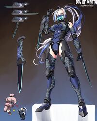  absurdres android arm_blade armor ass_visible_through_thighs bare_shoulders black_armor blue_armor blue_eyes blue_hair chibi chibi_inset combat_knife cyberpunk cyborg day_of_wrath_(infinitypilot) demon doom_(2016) doom_(series) doom_eternal dual_wielding energy_blade energy_weapon fangs female futuristic_weapon glowing glowing_eyes glowing_weapon half_mask hell_knight hexagon_print highres holding joints kanchou knife long_hair mask mechanical_arms mechanical_legs mouth_mask multicolored_hair ninja oni oni_mask original ponytail robot_girl robot_joints science_fiction substance20 twin_blades very_long_hair weapon white_hair 